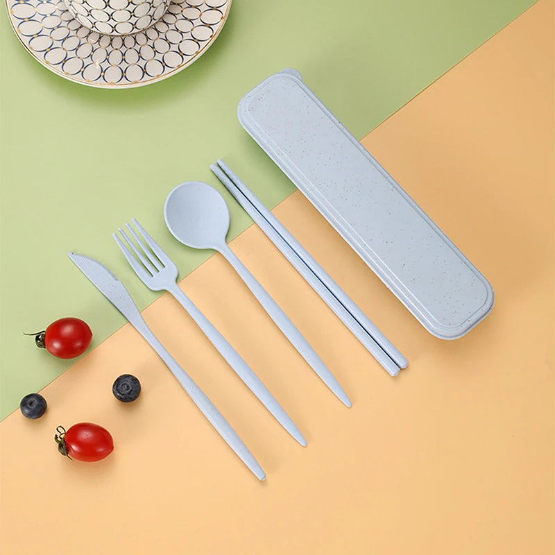 4Pcs Travel Cutlery Sets – Portable Wheat Straw Tableware - Light blue image