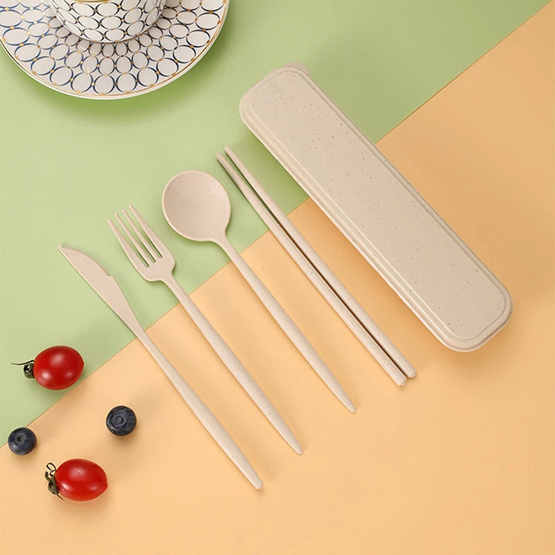 4Pcs Travel Cutlery Sets – Portable Wheat Straw Tableware - Beige image