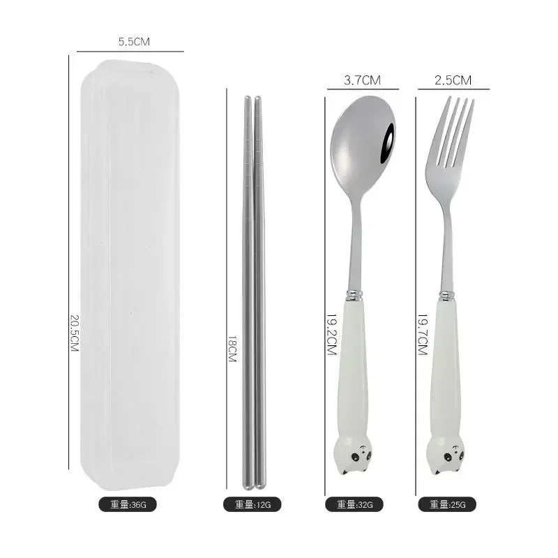 Portable Cartoon Tableware Set for Kids – Fun &amp; Durable Utensils with Case - Set A-White Cat image