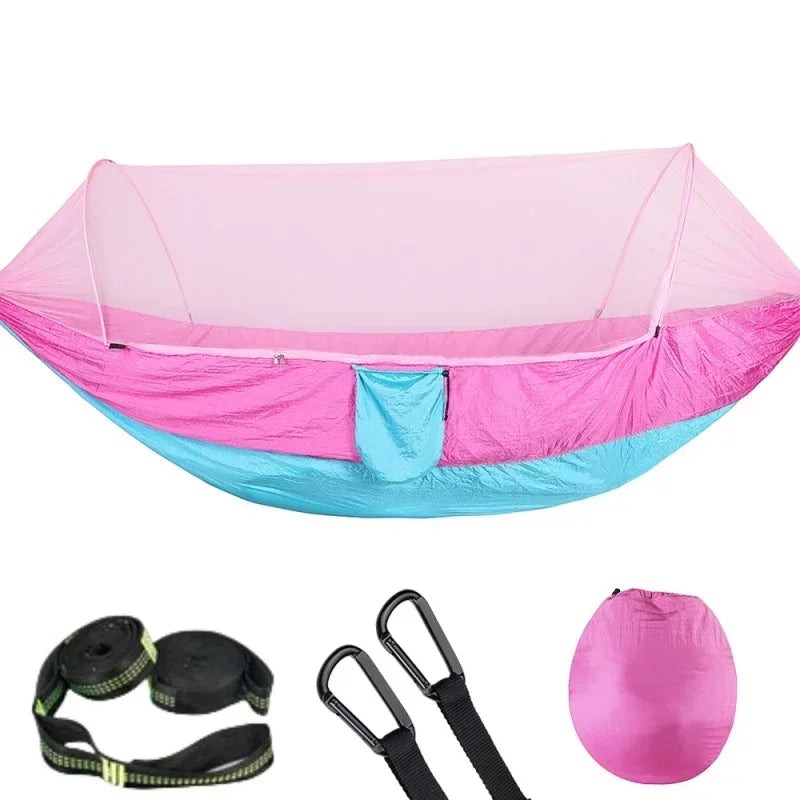2023 Camping Hammock with Mosquito Net – Lightweight &amp; Portable - Pink-6 rings image