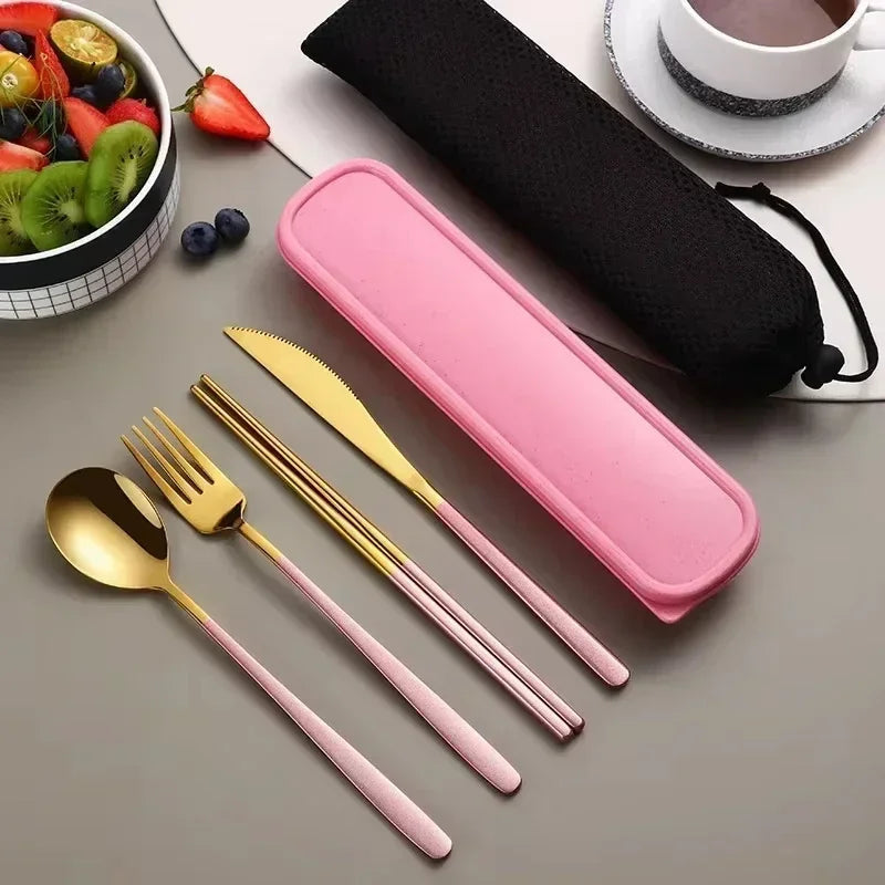 Portable Cutlery Set – 304 Stainless Steel Travel Tableware with Case - Pink-G image