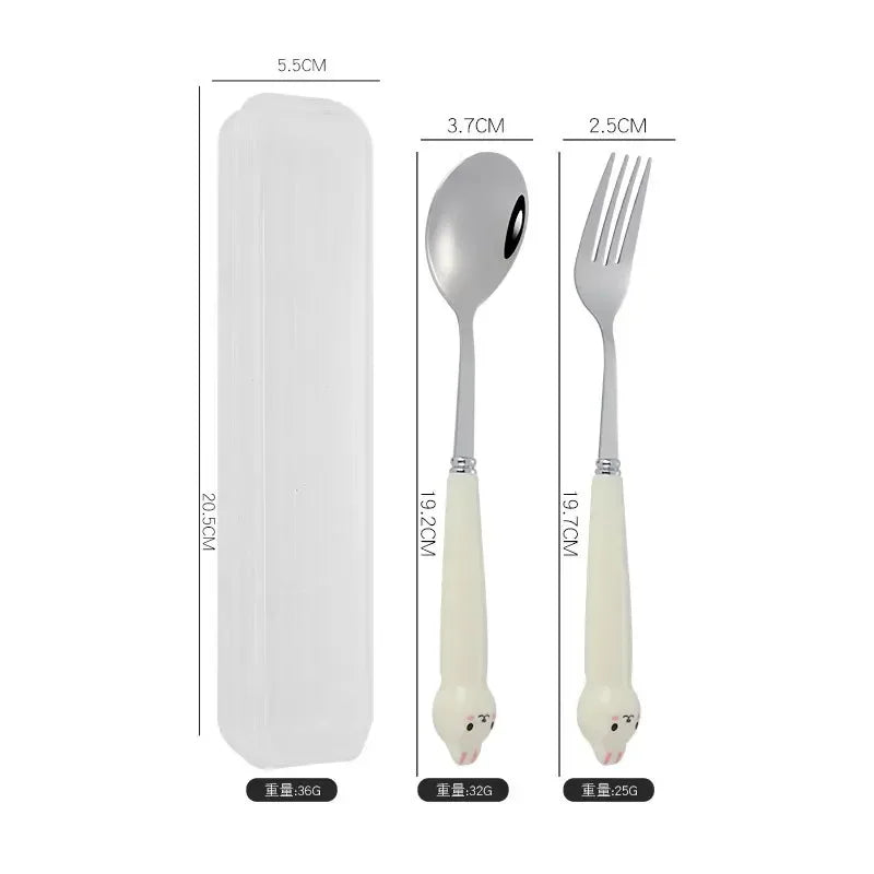 Portable Cartoon Tableware Set for Kids – Fun &amp; Durable Utensils with Case - Set B-White Rabbit image