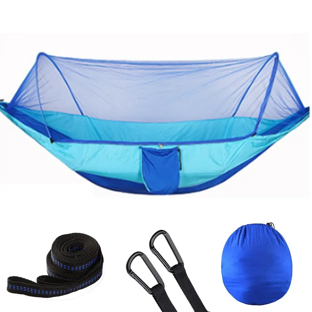 2023 Camping Hammock with Mosquito Net – Lightweight &amp; Portable - Light blue and blue image