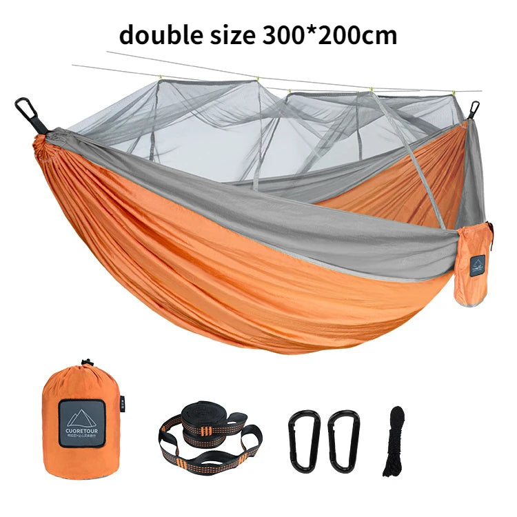 Portable Nylon Camping Hammock with Mosquito Net – Single &amp; Double Size - double orange grey image