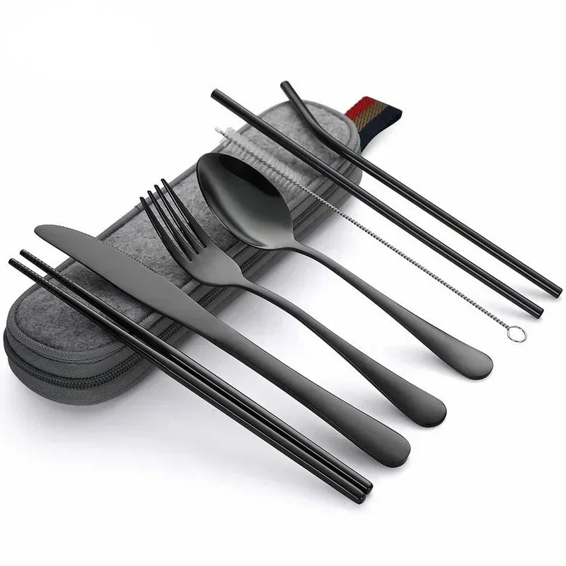 8Pcs/set Tableware Reusable Travel Cutlery Set Camp Utensils Set with stainless steel Spoon Fork Chopsticks Straw Portable case image 0