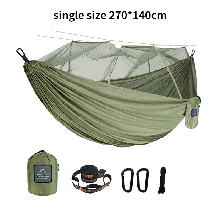 Portable Nylon Camping Hammock with Mosquito Net – Single &amp; Double Size - single army green image