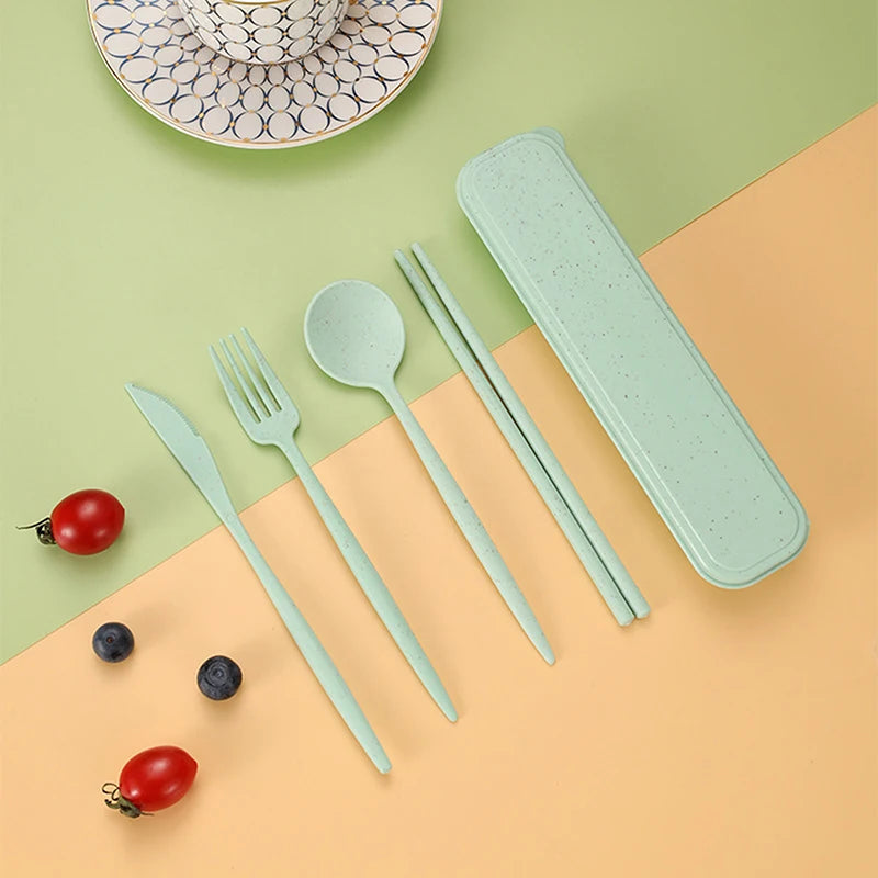 4Pcs Travel Cutlery Sets – Portable Wheat Straw Tableware - Light green image